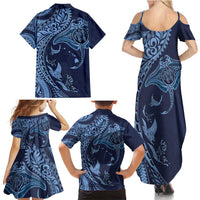 Hawaiian Manta Ray and Polynesian Tribal Tattoo Family Matching Summer Maxi Dress and Hawaiian Shirt Dark Navy Color LT03 - Polynesian Pride