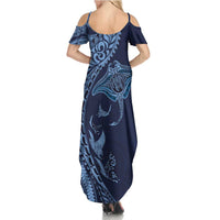 Hawaiian Manta Ray and Polynesian Tribal Tattoo Family Matching Summer Maxi Dress and Hawaiian Shirt Dark Navy Color LT03 - Polynesian Pride