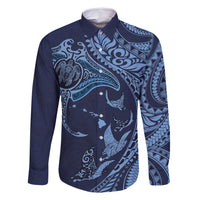 Hawaiian Manta Ray and Polynesian Tribal Tattoo Family Matching Tank Maxi Dress and Hawaiian Shirt Dark Navy Color LT03