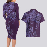 Hawaiian Manta Ray and Polynesian Tribal Tattoo Couples Matching Long Sleeve Bodycon Dress and Hawaiian Shirt Purple Color LT03