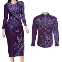 Hawaiian Manta Ray and Polynesian Tribal Tattoo Couples Matching Long Sleeve Bodycon Dress and Long Sleeve Button Shirt Purple Color LT03