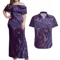 Hawaiian Manta Ray and Polynesian Tribal Tattoo Couples Matching Off Shoulder Maxi Dress and Hawaiian Shirt Purple Color LT03 Purple - Polynesian Pride