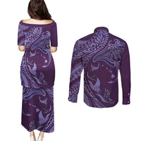 Hawaiian Manta Ray and Polynesian Tribal Tattoo Couples Matching Puletasi and Long Sleeve Button Shirt Purple Color LT03