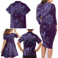 Hawaiian Manta Ray and Polynesian Tribal Tattoo Family Matching Long Sleeve Bodycon Dress and Hawaiian Shirt Purple Color LT03 - Polynesian Pride