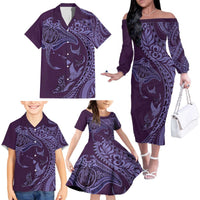 Hawaiian Manta Ray and Polynesian Tribal Tattoo Family Matching Off The Shoulder Long Sleeve Dress and Hawaiian Shirt Purple Color LT03 - Polynesian Pride