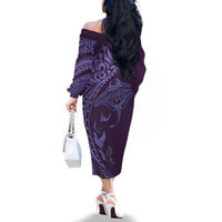Hawaiian Manta Ray and Polynesian Tribal Tattoo Family Matching Off The Shoulder Long Sleeve Dress and Hawaiian Shirt Purple Color LT03 - Polynesian Pride