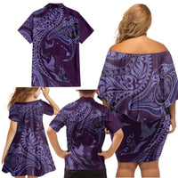 Hawaiian Manta Ray and Polynesian Tribal Tattoo Family Matching Off Shoulder Short Dress and Hawaiian Shirt Purple Color LT03 - Polynesian Pride