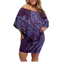 Hawaiian Manta Ray and Polynesian Tribal Tattoo Family Matching Off Shoulder Short Dress and Hawaiian Shirt Purple Color LT03 Mom's Dress Purple - Polynesian Pride