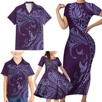 Hawaiian Manta Ray and Polynesian Tribal Tattoo Family Matching Short Sleeve Bodycon Dress and Hawaiian Shirt Purple Color LT03 - Polynesian Pride