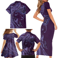 Hawaiian Manta Ray and Polynesian Tribal Tattoo Family Matching Short Sleeve Bodycon Dress and Hawaiian Shirt Purple Color LT03 - Polynesian Pride