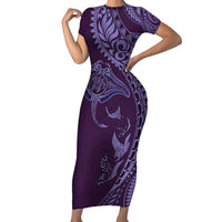 Hawaiian Manta Ray and Polynesian Tribal Tattoo Family Matching Short Sleeve Bodycon Dress and Hawaiian Shirt Purple Color LT03 Mom's Dress Purple - Polynesian Pride