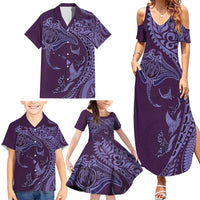 Hawaiian Manta Ray and Polynesian Tribal Tattoo Family Matching Summer Maxi Dress and Hawaiian Shirt Purple Color LT03 - Polynesian Pride
