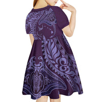 Hawaiian Manta Ray and Polynesian Tribal Tattoo Kid Short Sleeve Dress Purple Color LT03 - Polynesian Pride