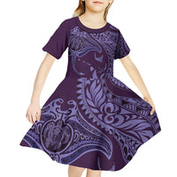 Hawaiian Manta Ray and Polynesian Tribal Tattoo Kid Short Sleeve Dress Purple Color LT03 - Polynesian Pride