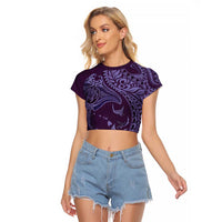 Hawaiian Manta Ray and Polynesian Tribal Tattoo Raglan Cropped T Shirt Purple Color LT03