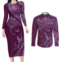 Hawaiian Manta Ray and Polynesian Tribal Tattoo Couples Matching Long Sleeve Bodycon Dress and Long Sleeve Button Shirt Pink Color LT03