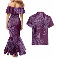 Hawaiian Manta Ray and Polynesian Tribal Tattoo Couples Matching Mermaid Dress and Hawaiian Shirt Pink Color LT03 - Polynesian Pride