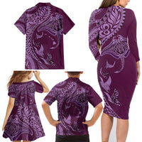Hawaiian Manta Ray and Polynesian Tribal Tattoo Family Matching Long Sleeve Bodycon Dress and Hawaiian Shirt Pink Color LT03 - Polynesian Pride