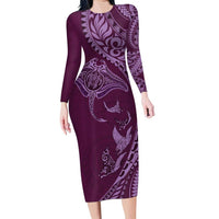 Hawaiian Manta Ray and Polynesian Tribal Tattoo Family Matching Long Sleeve Bodycon Dress and Hawaiian Shirt Pink Color LT03 Mom's Dress Pink - Polynesian Pride