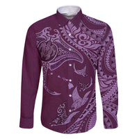 Hawaiian Manta Ray and Polynesian Tribal Tattoo Family Matching Off Shoulder Short Dress and Hawaiian Shirt Pink Color LT03 Dad's Shirt - Long Sleeve Pink - Polynesian Pride