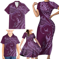 Hawaiian Manta Ray and Polynesian Tribal Tattoo Family Matching Short Sleeve Bodycon Dress and Hawaiian Shirt Pink Color LT03 - Polynesian Pride