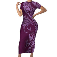 Hawaiian Manta Ray and Polynesian Tribal Tattoo Family Matching Short Sleeve Bodycon Dress and Hawaiian Shirt Pink Color LT03 Mom's Dress Pink - Polynesian Pride