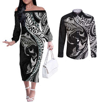 Hawaiian Manta Ray and Polynesian Tribal Tattoo Couples Matching Off The Shoulder Long Sleeve Dress and Long Sleeve Button Shirt Black Color LT03