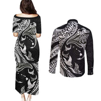 Hawaiian Manta Ray and Polynesian Tribal Tattoo Couples Matching Puletasi and Long Sleeve Button Shirt Black Color LT03