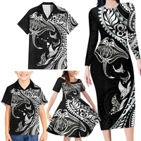 Hawaiian Manta Ray and Polynesian Tribal Tattoo Family Matching Long Sleeve Bodycon Dress and Hawaiian Shirt Black Color LT03 - Polynesian Pride