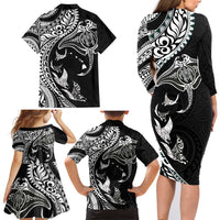 Hawaiian Manta Ray and Polynesian Tribal Tattoo Family Matching Long Sleeve Bodycon Dress and Hawaiian Shirt Black Color LT03 - Polynesian Pride