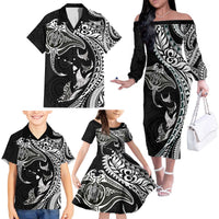 Hawaiian Manta Ray and Polynesian Tribal Tattoo Family Matching Off The Shoulder Long Sleeve Dress and Hawaiian Shirt Black Color LT03 - Polynesian Pride