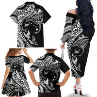 Hawaiian Manta Ray and Polynesian Tribal Tattoo Family Matching Off The Shoulder Long Sleeve Dress and Hawaiian Shirt Black Color LT03 - Polynesian Pride