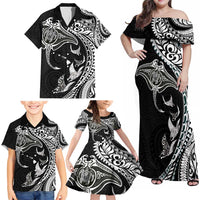 Hawaiian Manta Ray and Polynesian Tribal Tattoo Family Matching Off Shoulder Maxi Dress and Hawaiian Shirt Black Color LT03 - Polynesian Pride