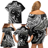 Hawaiian Manta Ray and Polynesian Tribal Tattoo Family Matching Off Shoulder Short Dress and Hawaiian Shirt Black Color LT03 - Polynesian Pride