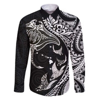Hawaiian Manta Ray and Polynesian Tribal Tattoo Family Matching Off Shoulder Short Dress and Hawaiian Shirt Black Color LT03 Dad's Shirt - Long Sleeve Black - Polynesian Pride