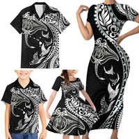 Hawaiian Manta Ray and Polynesian Tribal Tattoo Family Matching Short Sleeve Bodycon Dress and Hawaiian Shirt Black Color LT03 - Polynesian Pride
