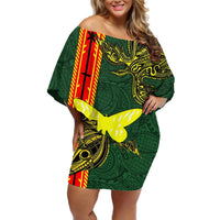 Custom Papua New Guinea Oro Province Off Shoulder Short Dress PNG Birds Of Paradise Polynesian Arty Style LT03 Women Green - Polynesian Pride