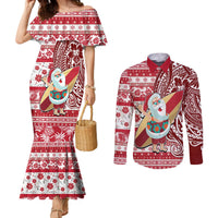 Hawaii Mele Kalikimaka Couples Matching Mermaid Dress and Long Sleeve Button Shirt Santa Claus Surfing with Hawaiian Pattern Striped Red Style LT03 Red - Polynesian Pride