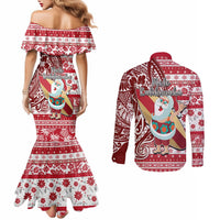 Hawaii Mele Kalikimaka Couples Matching Mermaid Dress and Long Sleeve Button Shirt Santa Claus Surfing with Hawaiian Pattern Striped Red Style LT03 - Polynesian Pride