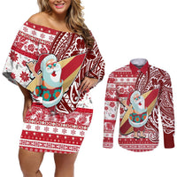 Hawaii Mele Kalikimaka Couples Matching Off Shoulder Short Dress and Long Sleeve Button Shirt Santa Claus Surfing with Hawaiian Pattern Striped Red Style LT03 Red - Polynesian Pride