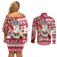 Hawaii Mele Kalikimaka Couples Matching Off Shoulder Short Dress and Long Sleeve Button Shirt Santa Claus Surfing with Hawaiian Pattern Striped Red Style LT03 - Polynesian Pride