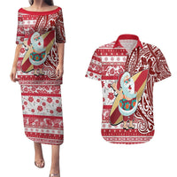 Hawaii Mele Kalikimaka Couples Matching Puletasi Dress and Hawaiian Shirt Santa Claus Surfing with Hawaiian Pattern Striped Red Style LT03 Red - Polynesian Pride