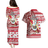 Hawaii Mele Kalikimaka Couples Matching Puletasi Dress and Hawaiian Shirt Santa Claus Surfing with Hawaiian Pattern Striped Red Style LT03 - Polynesian Pride