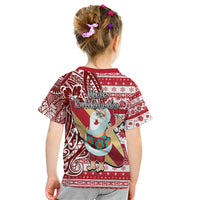 Hawaii Mele Kalikimaka Kid T Shirt Santa Claus Surfing with Hawaiian Pattern Striped Red Style LT03 - Polynesian Pride