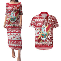 Custom Hawaii Mele Kalikimaka Couples Matching Puletasi Dress and Hawaiian Shirt Santa Claus Surfing with Hawaiian Pattern Striped Red Style LT03 Red - Polynesian Pride