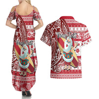Custom Hawaii Mele Kalikimaka Couples Matching Summer Maxi Dress and Hawaiian Shirt Santa Claus Surfing with Hawaiian Pattern Striped Red Style LT03 - Polynesian Pride
