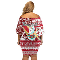 Custom Hawaii Mele Kalikimaka Off Shoulder Short Dress Santa Claus Surfing with Hawaiian Pattern Striped Red Style LT03 - Polynesian Pride