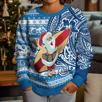 Hawaii Mele Kalikimaka Kid Ugly Christmas Sweater Santa Claus Surfing with Hawaiian Pattern Striped Blue Style LT03 - Polynesian Pride