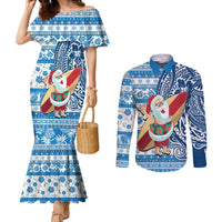 Custom Hawaii Mele Kalikimaka Couples Matching Mermaid Dress and Long Sleeve Button Shirt Santa Claus Surfing with Hawaiian Pattern Striped Blue Style LT03 Blue - Polynesian Pride