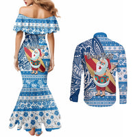 Custom Hawaii Mele Kalikimaka Couples Matching Mermaid Dress and Long Sleeve Button Shirt Santa Claus Surfing with Hawaiian Pattern Striped Blue Style LT03 - Polynesian Pride